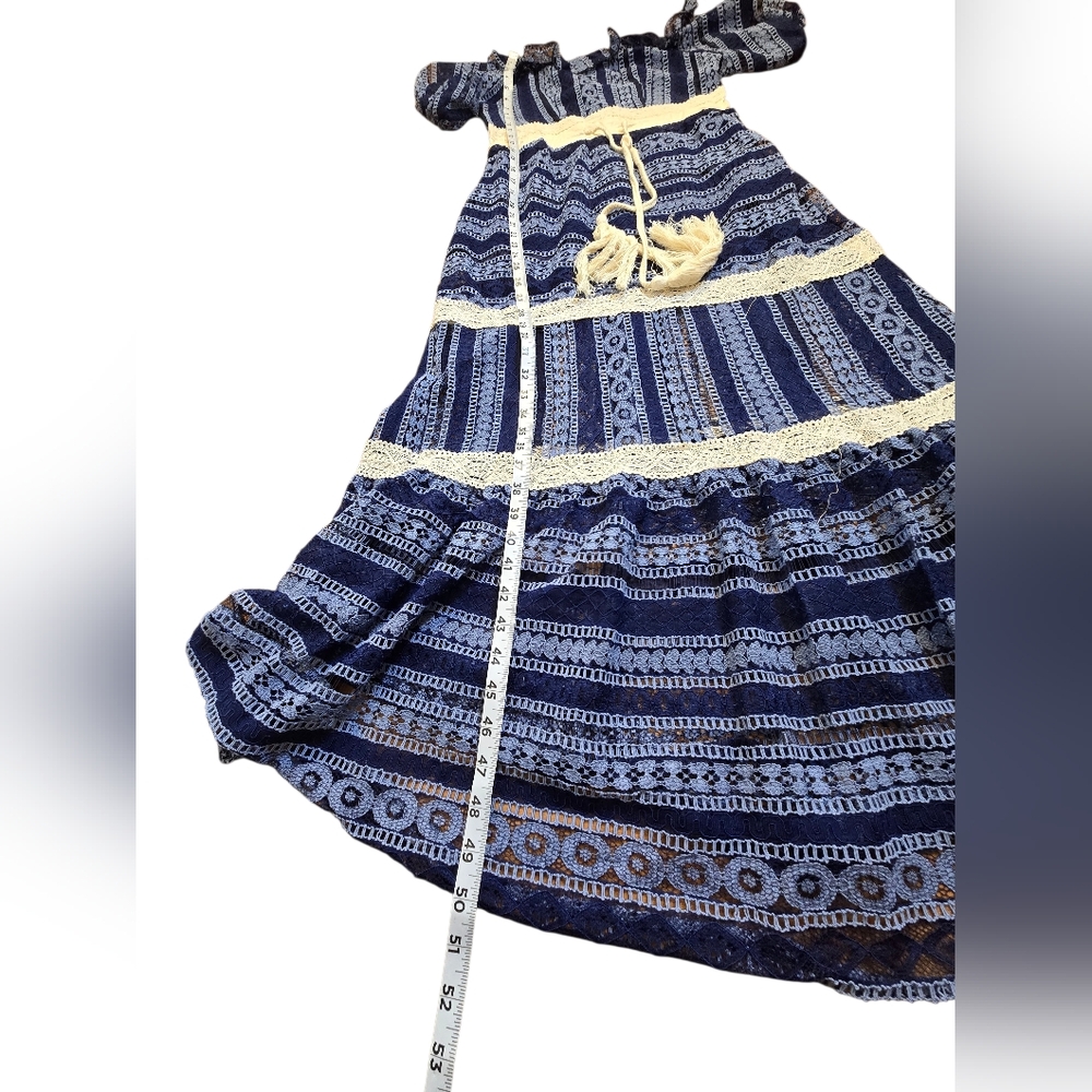 Malta Blue Lace Maxi Dress | Puff Sleeve Boho Cottagecore | Size M - Picture 5 of 7